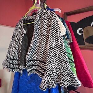 Perceptions Black & White Patterned Ruffle-Hem Blazer